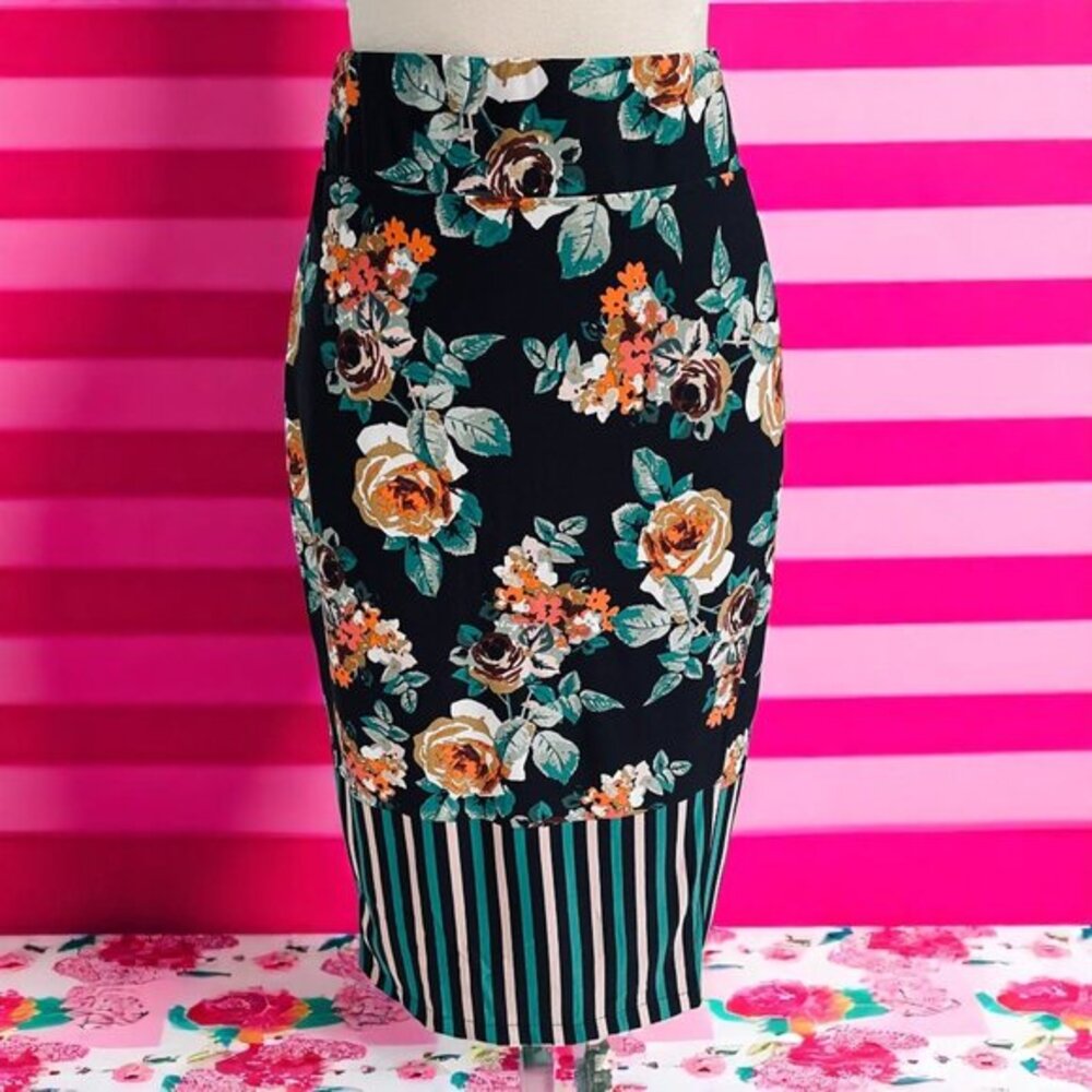 Miss Kerve Floral‎ Pencil Skirt 10 High Waist Navy Blue Rose Print Striped Hem